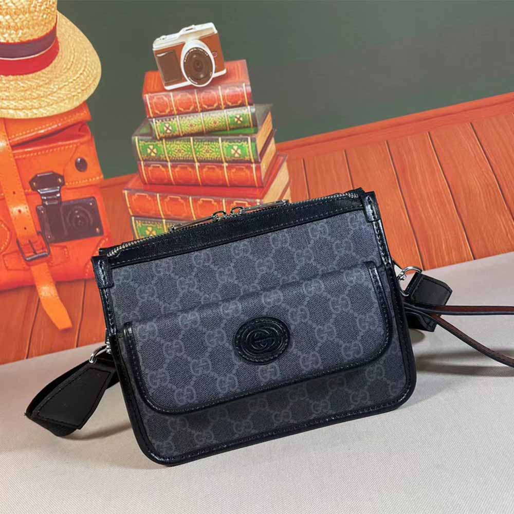 Borsa a tracolla Gucci con interblocco G nero/grigio 674164