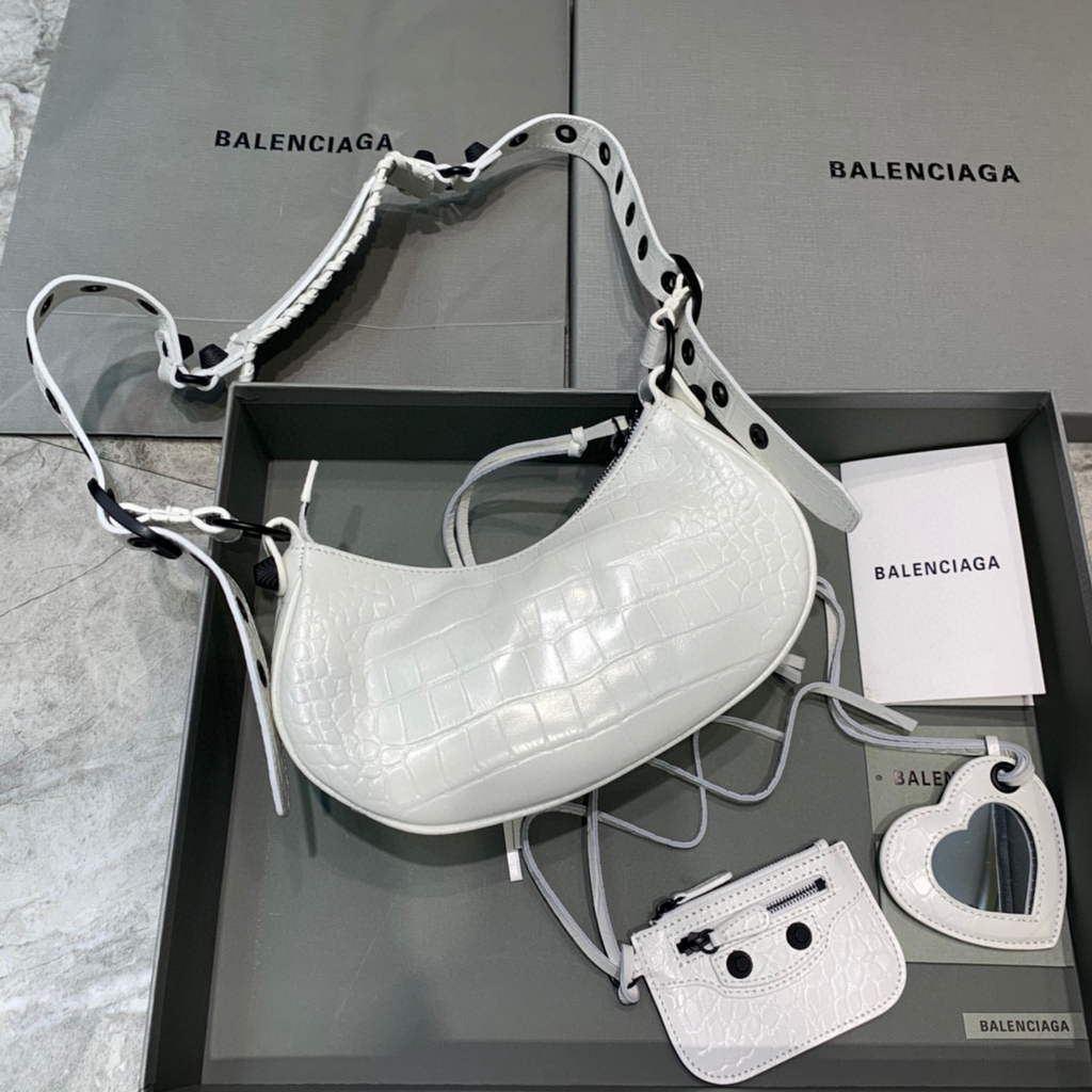 Balenciaga 700940210 NEO CAGOLE XS borsetta in pelle di agnello di coccodrillo bianco