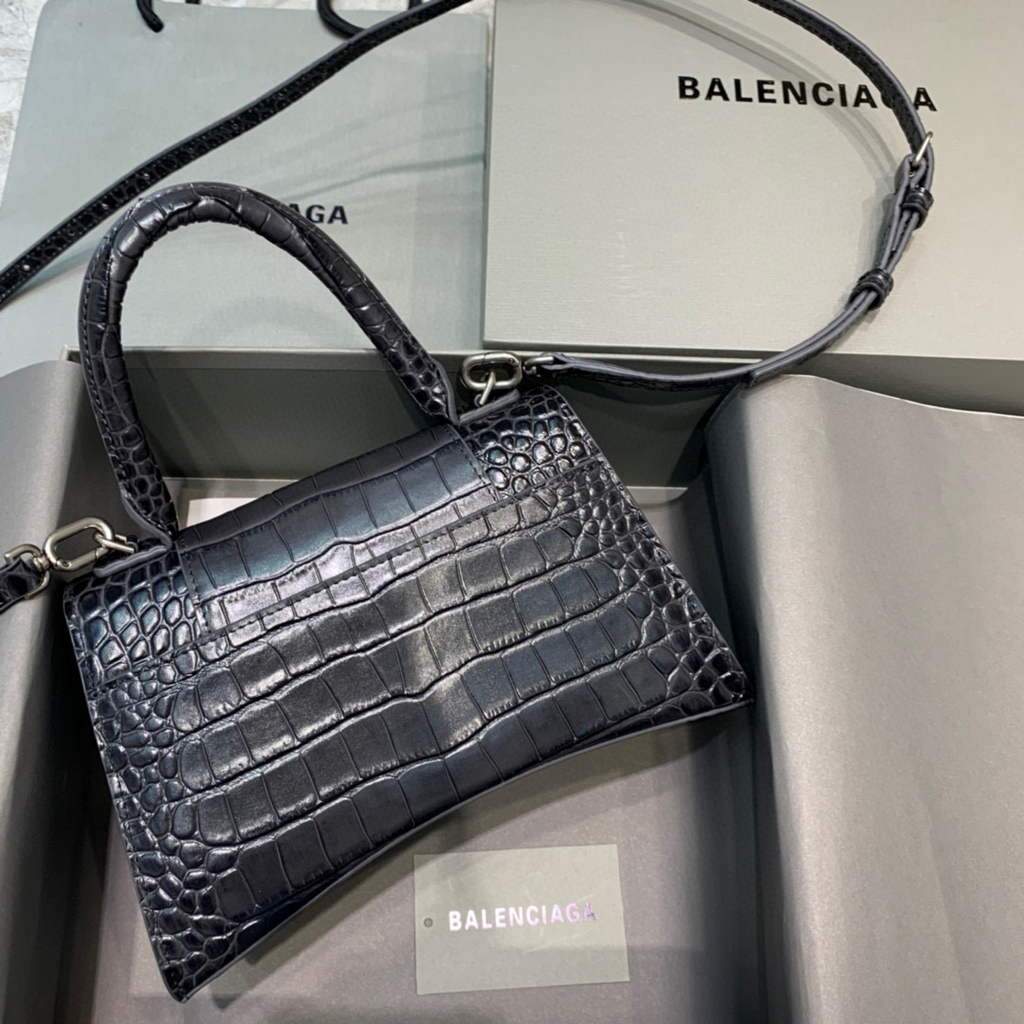 Balenciaga 593546 Classista per clessidra per crocodile sacca in argento nero