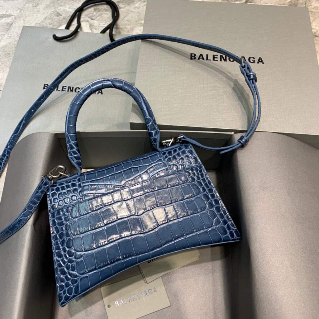 Balenciaga 593546 clessidra per clessidra per crocodile sacca blu navy argento