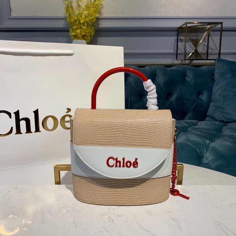 Chloe Small Aby Lock Chain Borse Effetto lucertola in rilievo S1220 Albicocca/Bianco