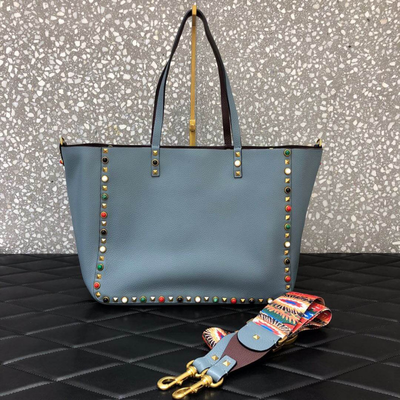 Valentino Garavani Double Rockstud Reversible Tote borsa 0067G Blue/Borgogna