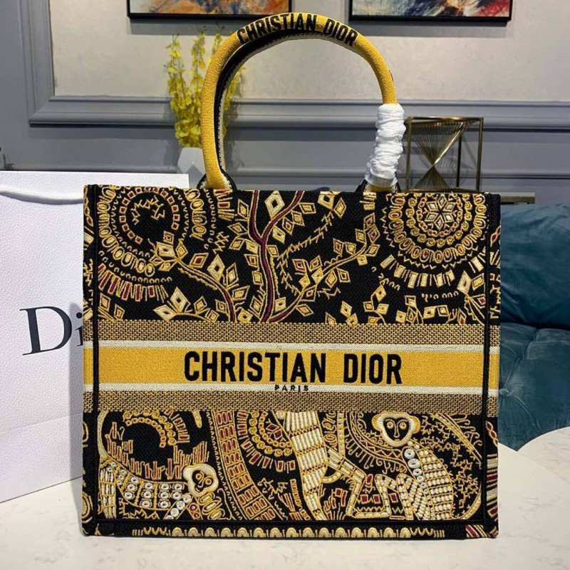 Libro ricamato da scimmie cristiani di Dior Animals Tote M1286 Brown