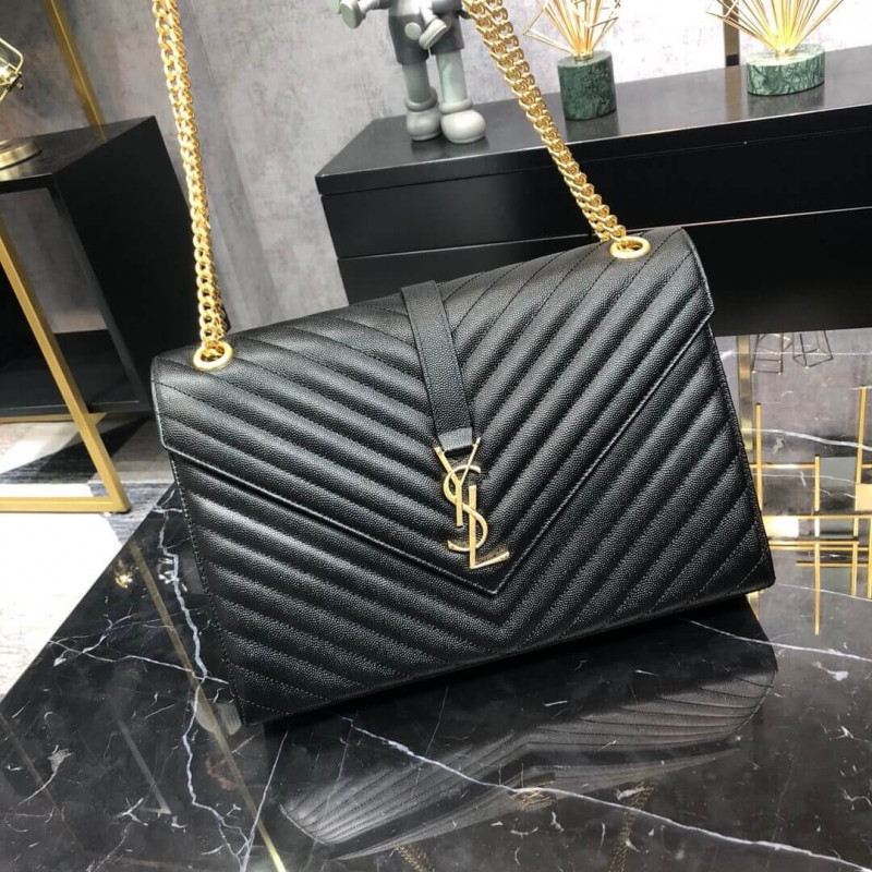 Saint Laurent Grain in pelle Grande borsa a catena di buste 396910 Nero