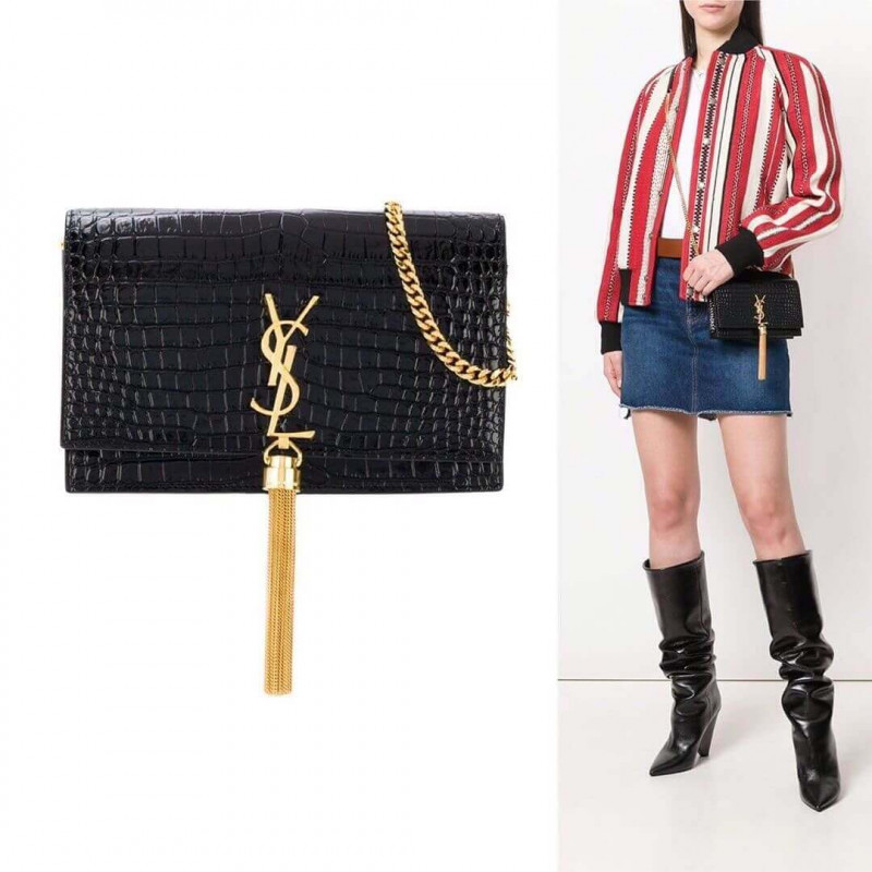 YSL Saint Laurent Kate Catena Portafoglio con nappa in pelle in rilievo coccodrillo 452159