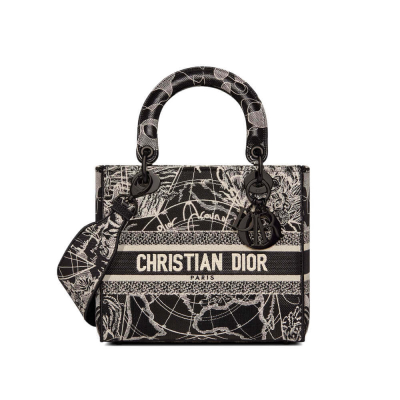 Christian Dior Medium Lady D-Lite Borsa in bianco e nero in tutto il mondo ricami M0565