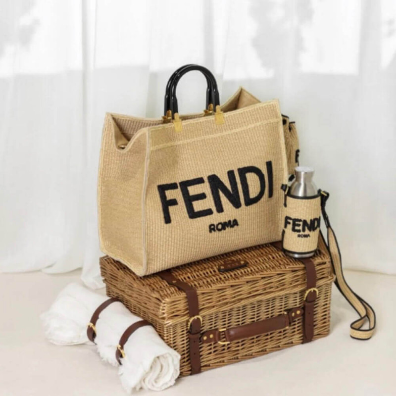 Fendi Sunshine Medium Shopper Woven Rafia Tote 8BH386 beige