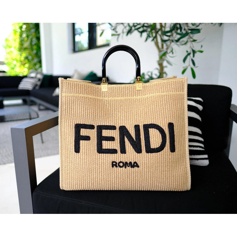 Fendi Sunshine Large Shopper Woven Rafia Tote 8BH372 beige