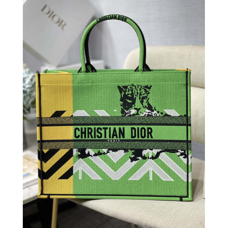 Christian Dior Large Book Tote Green brillante e Orange D-Jungle Pop ricami M1286
