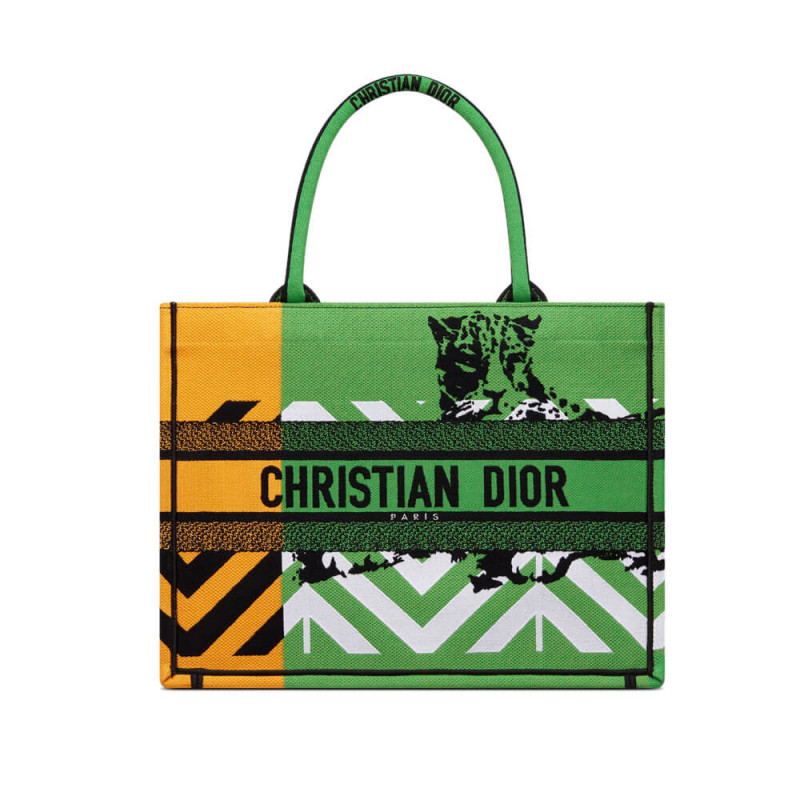 Book medio Christian Dior Tote verde brillante e arancione ricami pop d-jungle m1296