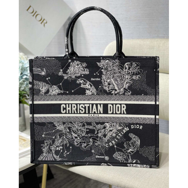 Christian Dior Large Book Tote Black Toile de Jouy Ramoidery Zodiac M1286