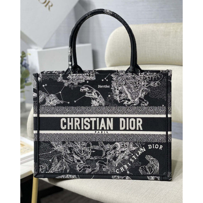 Christian Dior Medium Book Tote Black Toile de Jouy Ramoidery Zodiac M1296